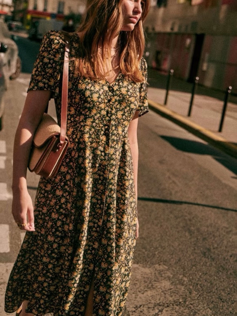 Sezane Vivienne Floral Button-Front Midi Dress, sz 40 (US 8)